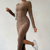Ribbed Bodycon Midi Dress with Crew Neck Long Sleeves