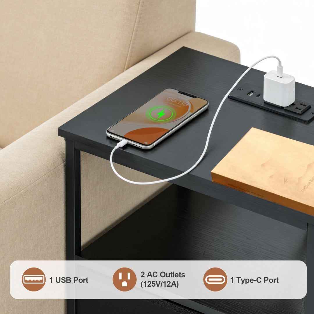 Bedside Table with Charging Station and Adjustable Shelves