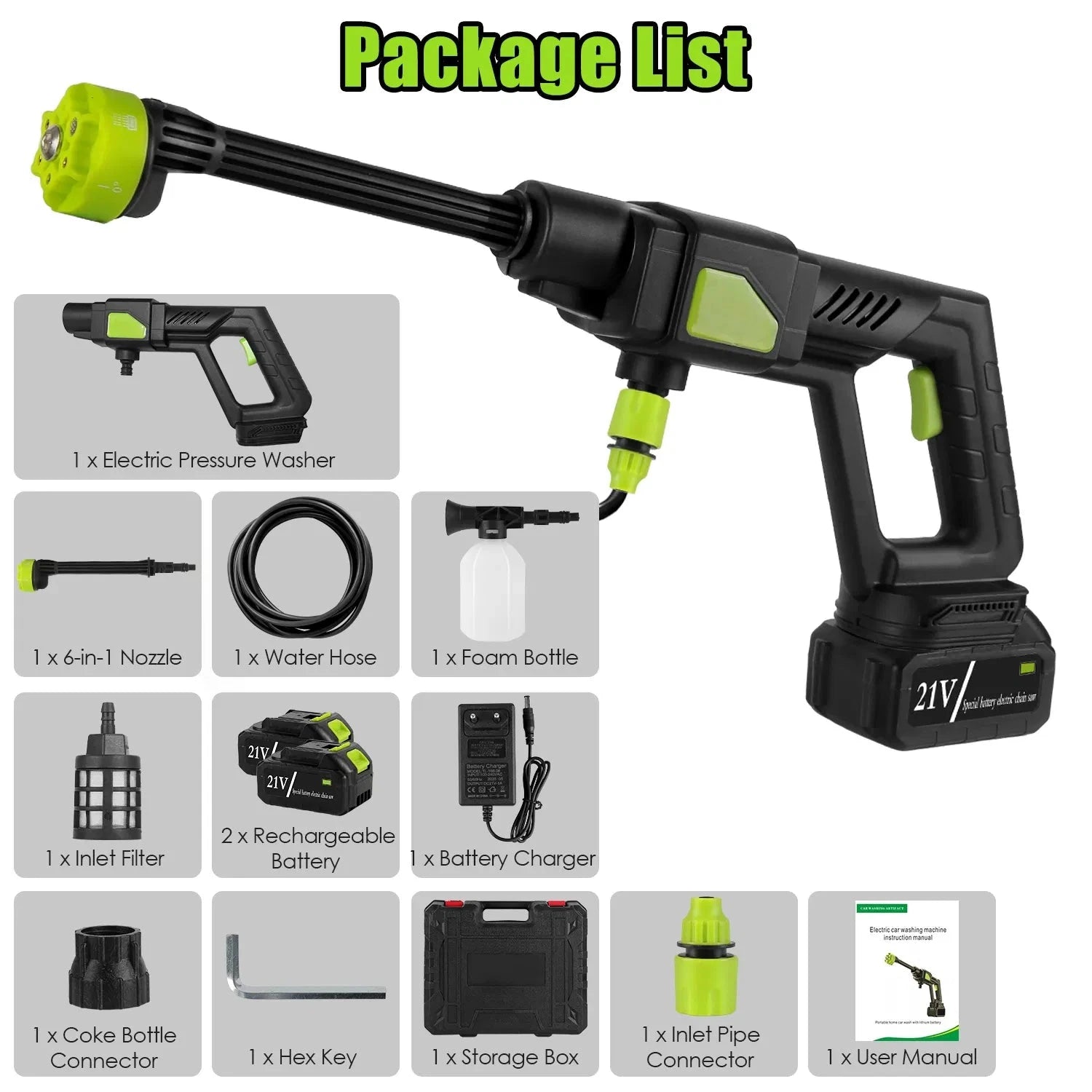 Portable Cordless Pressure Washer 21V with 6 in 1 Nozzle