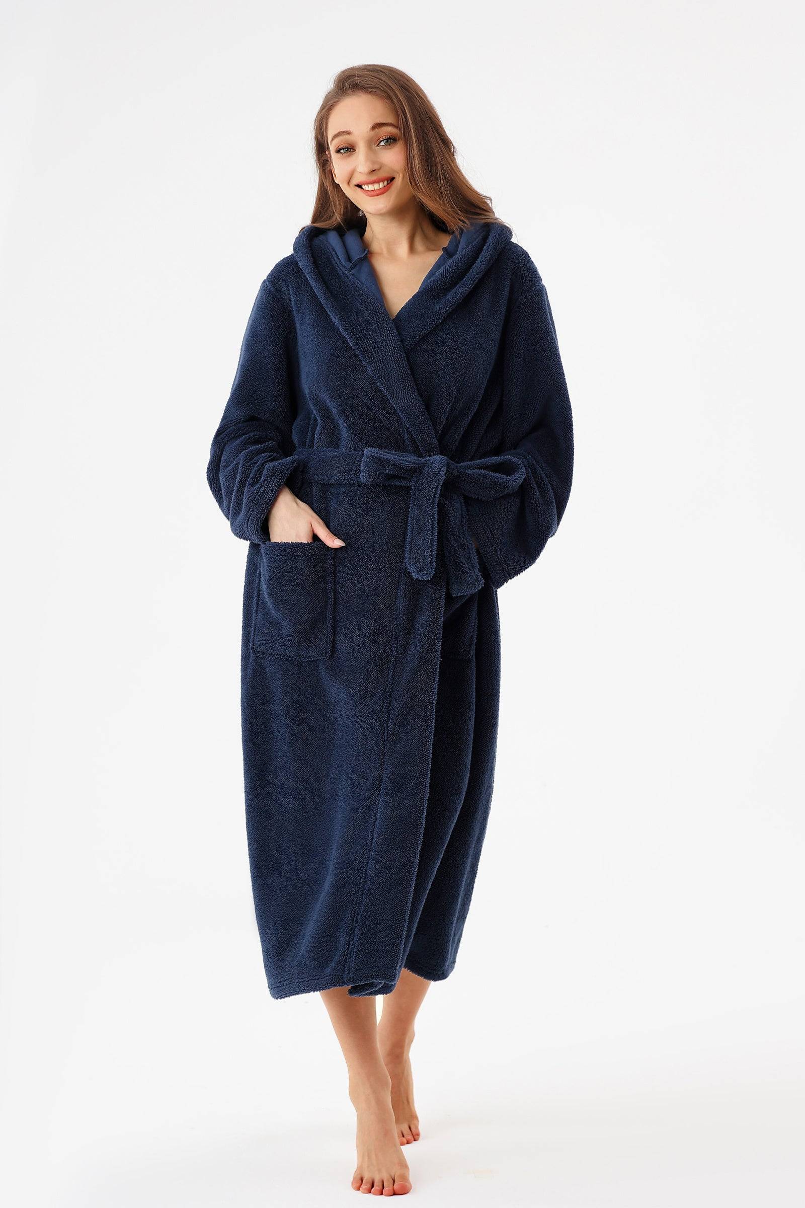 Womens Robe Long Hooded Plush Fleece Bathrobe with Pockets