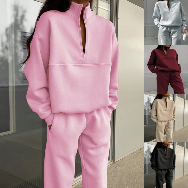 Women’s Tracksuit Zip Collar Top And Elastic Pants Set