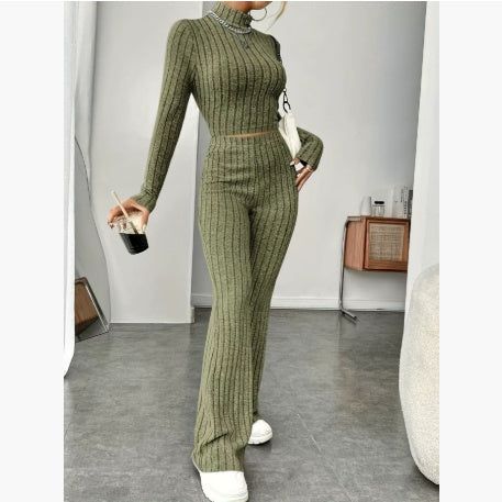 Two Piece Set Turtleneck Top Wide Leg High Waist Pants