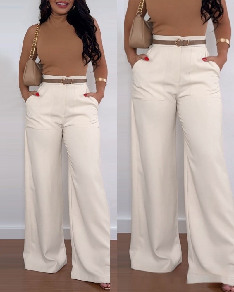 Women’s Solid Color Flared Pants Casual Polyester High Waist Versatile Commuting Style in Apricot or Black