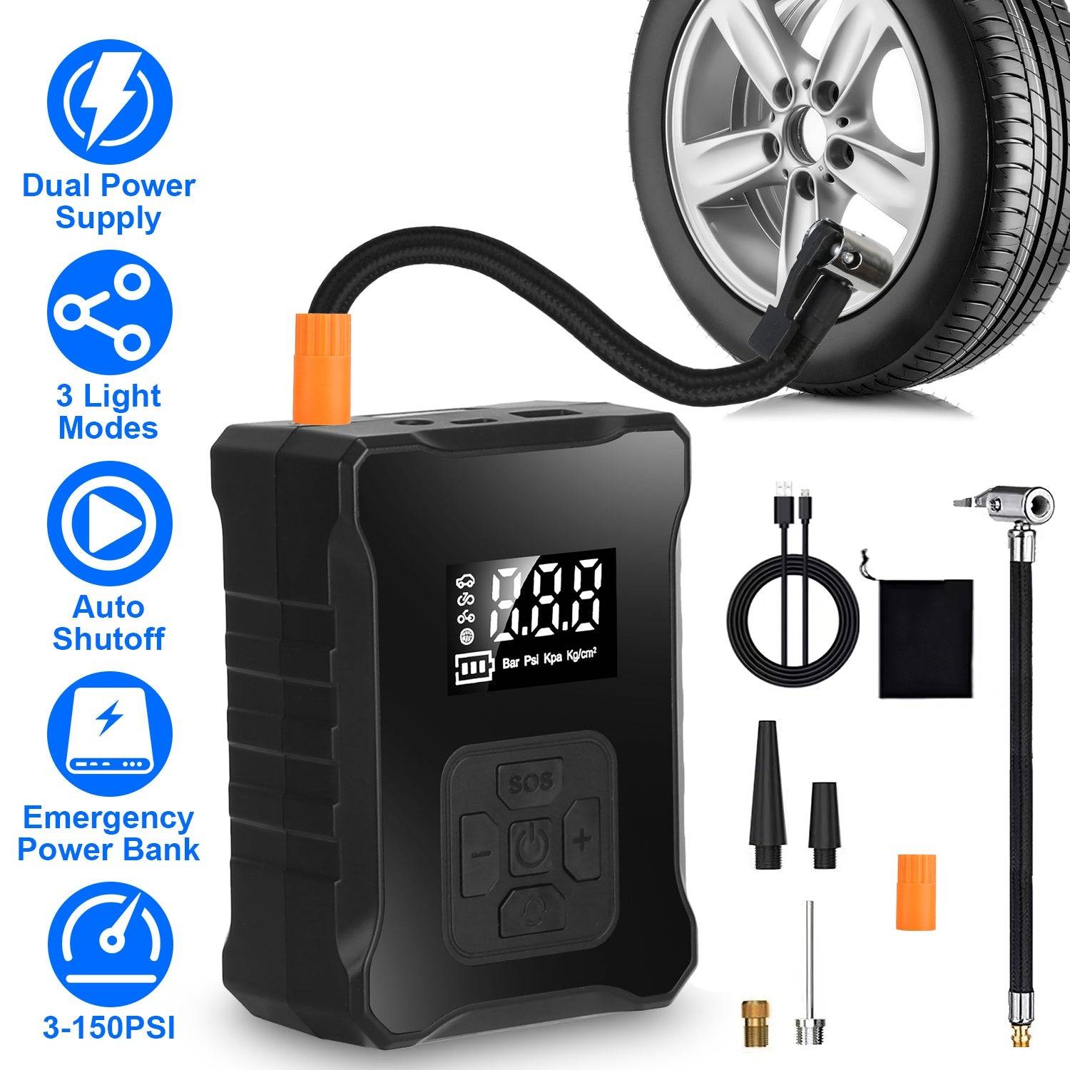 Tire Inflator 150PSI Cordless Air Pump with LED