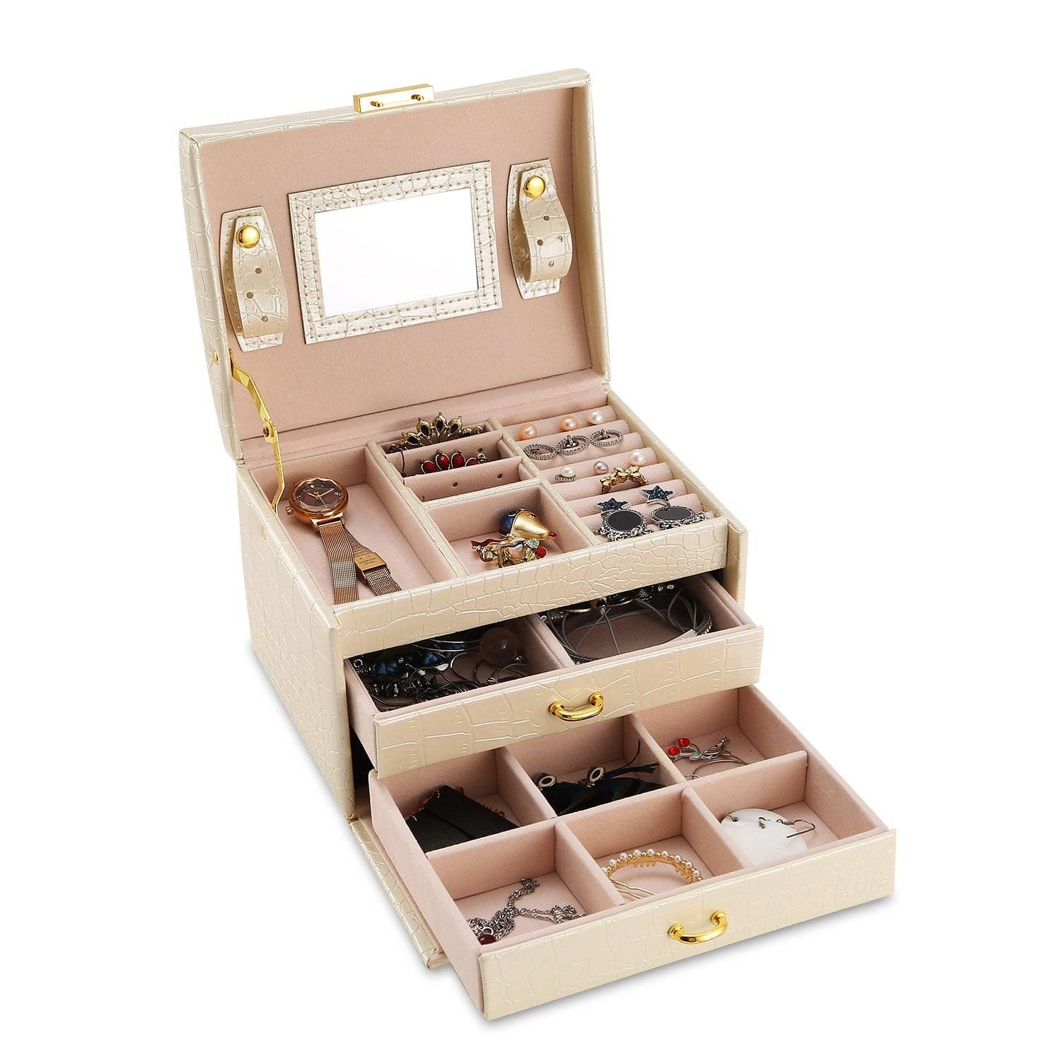 3 Layer Lockable Jewelry Box Organizer with Mirror