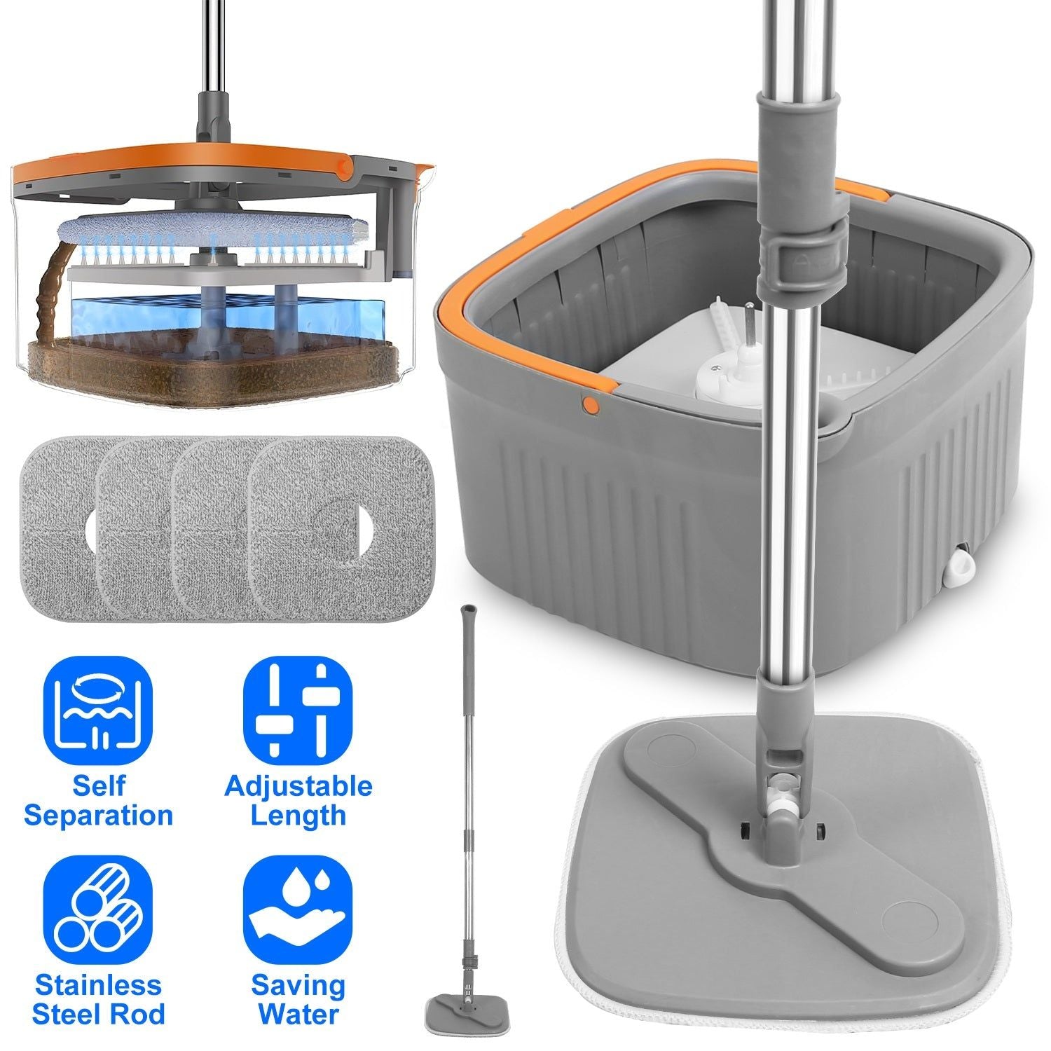 Spin Mop with Dual Compartment Bucket and Microfiber Pads
