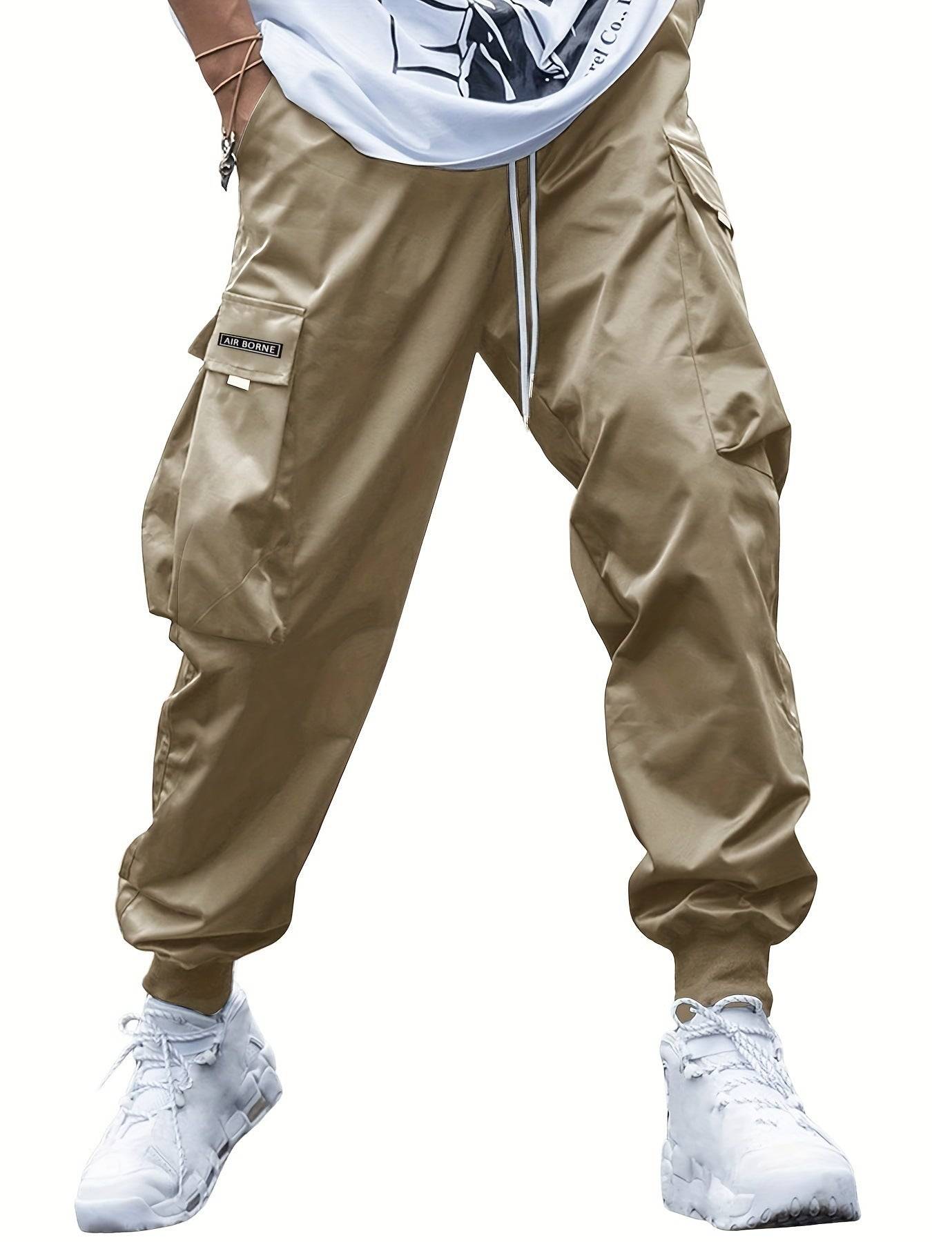 Mens Loose Fit Cargo Pants with Drawstring and Multi Pockets