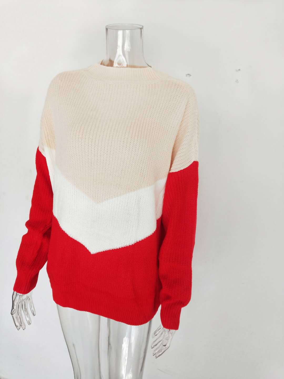 Tricolor Patchwork Knit Sweater Bat Sleeve Pullover