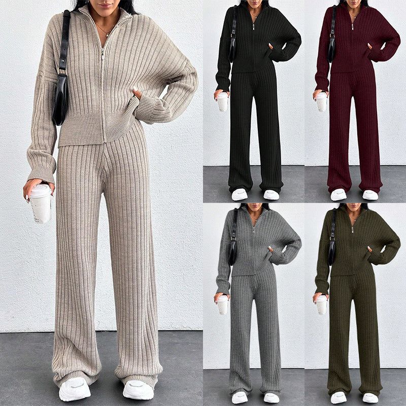 Womens Zip Up Knit Tracksuit Loose Fit Two Piece Set Winter