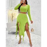 Women Square Neck Skirt and Top Set with Ruffle Trim