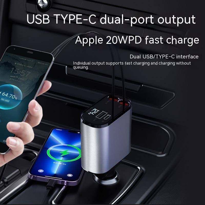 Retractable Car Charger 86W with USB C USB A Voltage Display