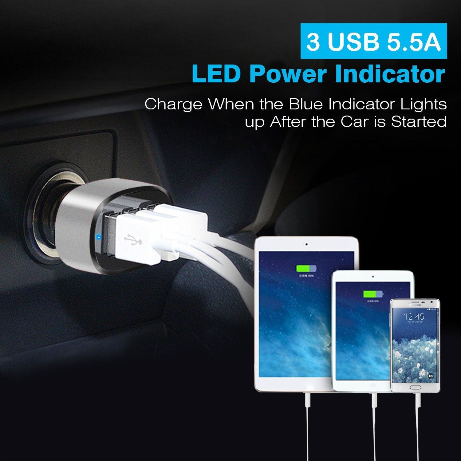 3 Port USB Car Charger 30W 5.5A Fast Charging Adapter