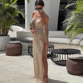 Women Knitted High Slit Sling Sundress with Back Design