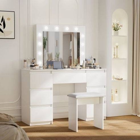 Large White Vanity Desk with Mirror LED