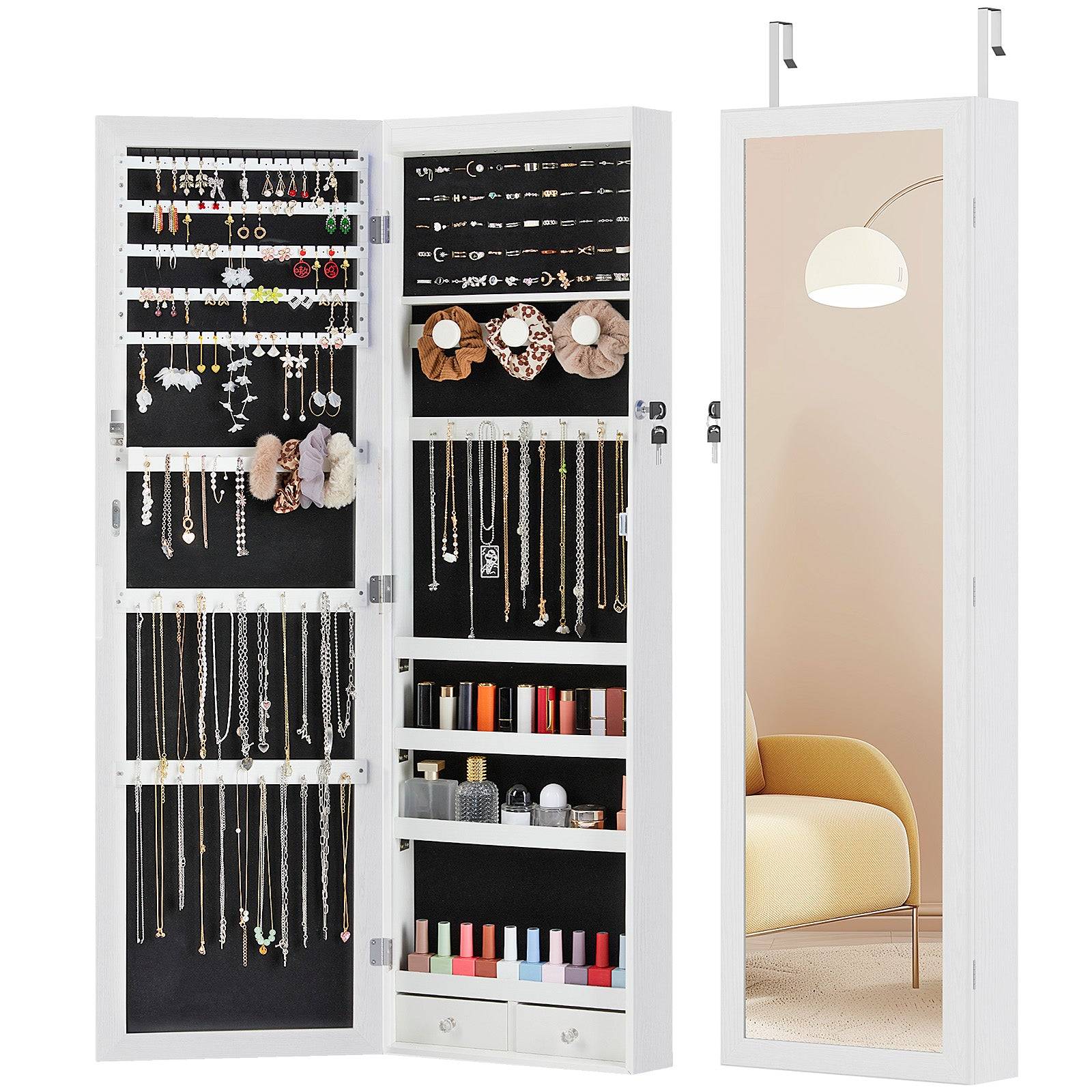 Wall Mounted Jewelry Armoire with Mirror and LED Lights