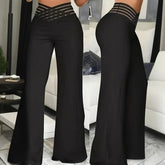 High Waist Mesh Patchwork Pants with Elegant Cross Detail