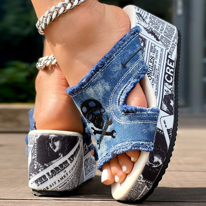 Platform Wedge Sandals with Buckle Strap and Printed Design