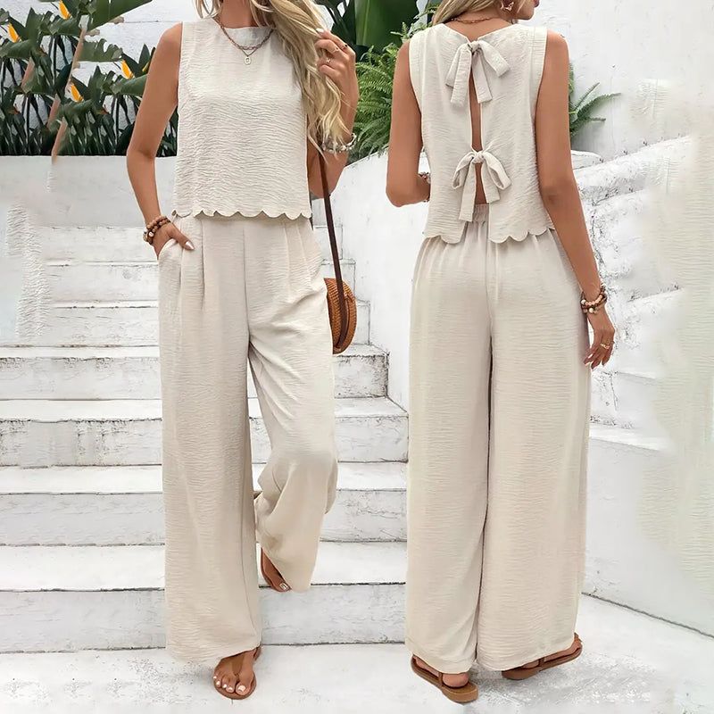 Womens Two Piece Set With Tie Back Top And Wide Leg Pants