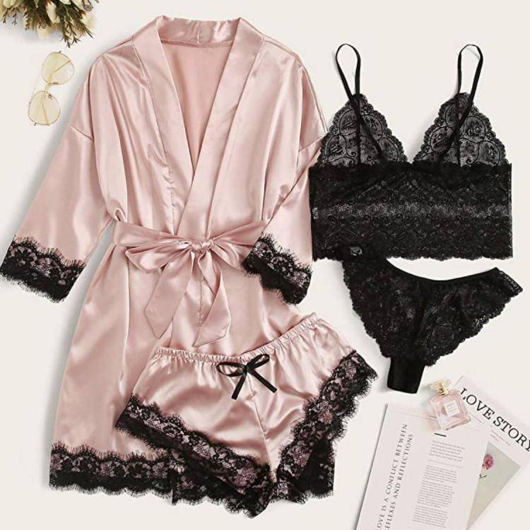 Womens Satin Pyjamas Four Piece Loungewear Sleep Set