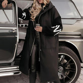 Letter Print Trench Coat with Hood and Zip Front