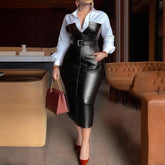 Women’s V-Neck Long Sleeve Shirt Dress Faux Leather Trim