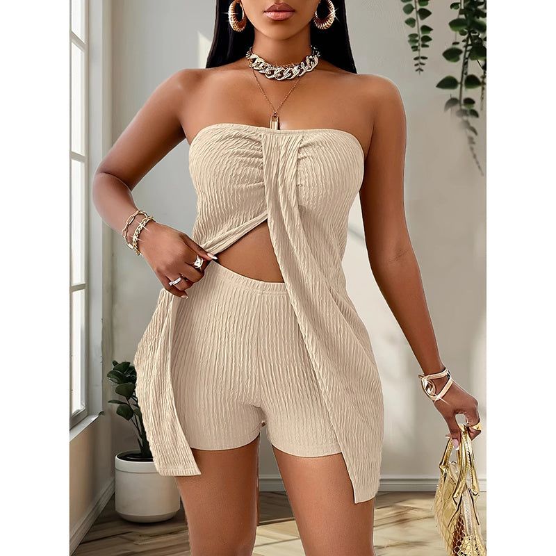 Two Piece Set Strapless Tube Top and High Waist Shorts
