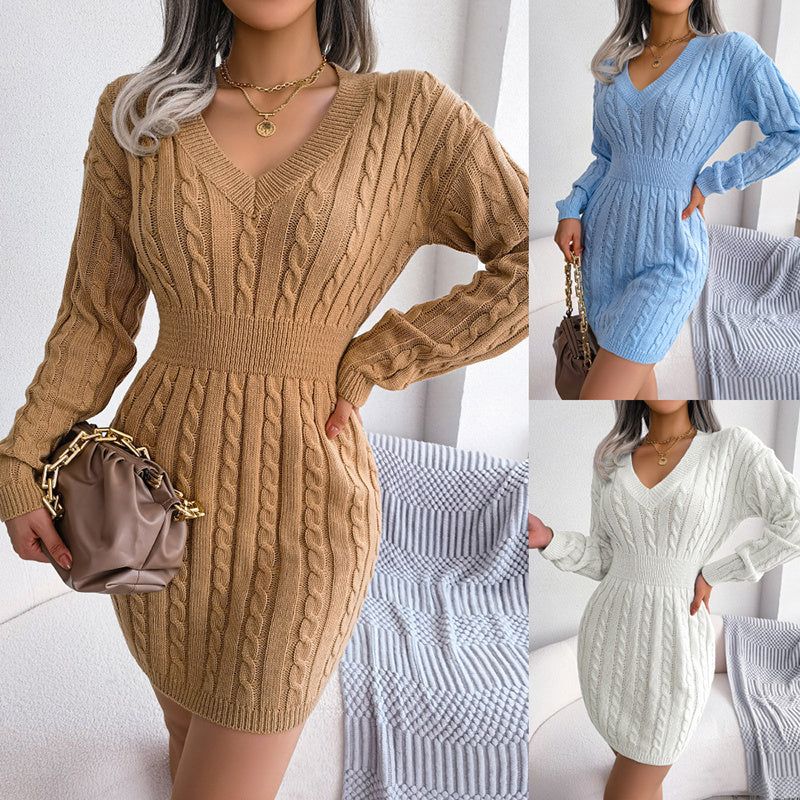 Dress V Neck Long Sleeve Bodycon Sweater Mini