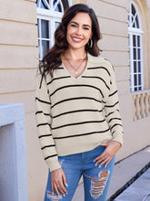 Womens Striped V Neck Long Sleeve Knit Sweater