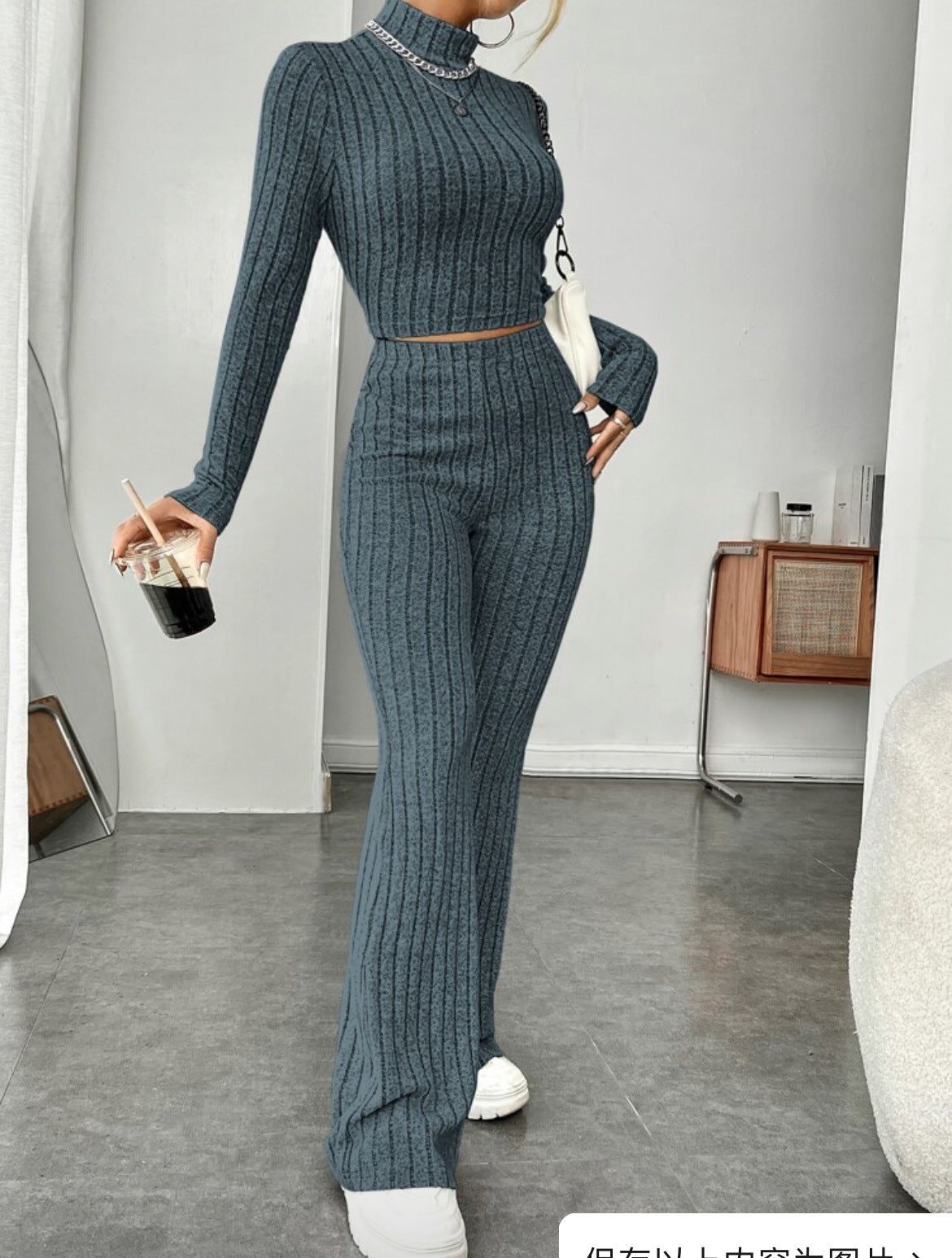 Two Piece Set Turtleneck Top Wide Leg High Waist Pants