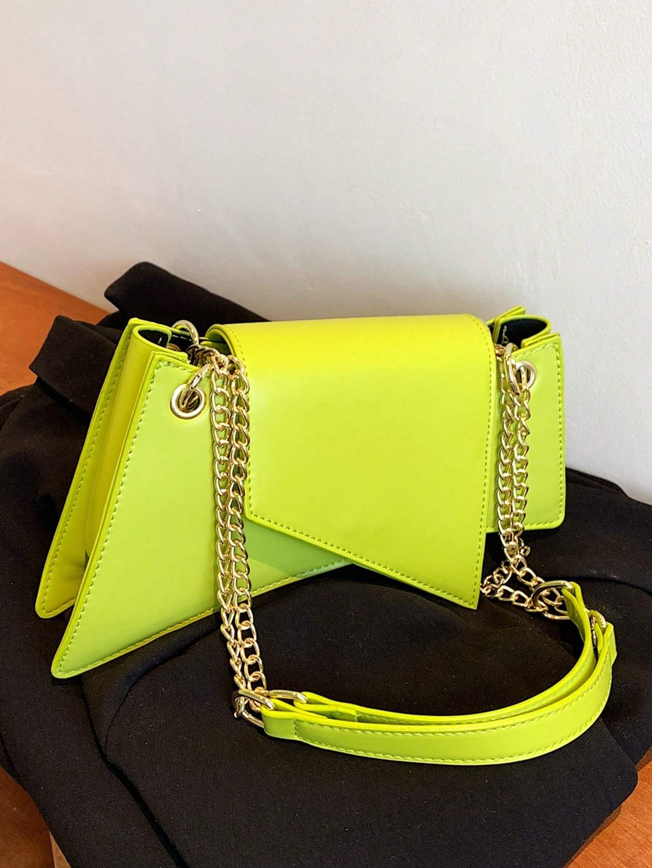 Neon Green Tote Bag PU Leather Chain Stone Pattern Purse
