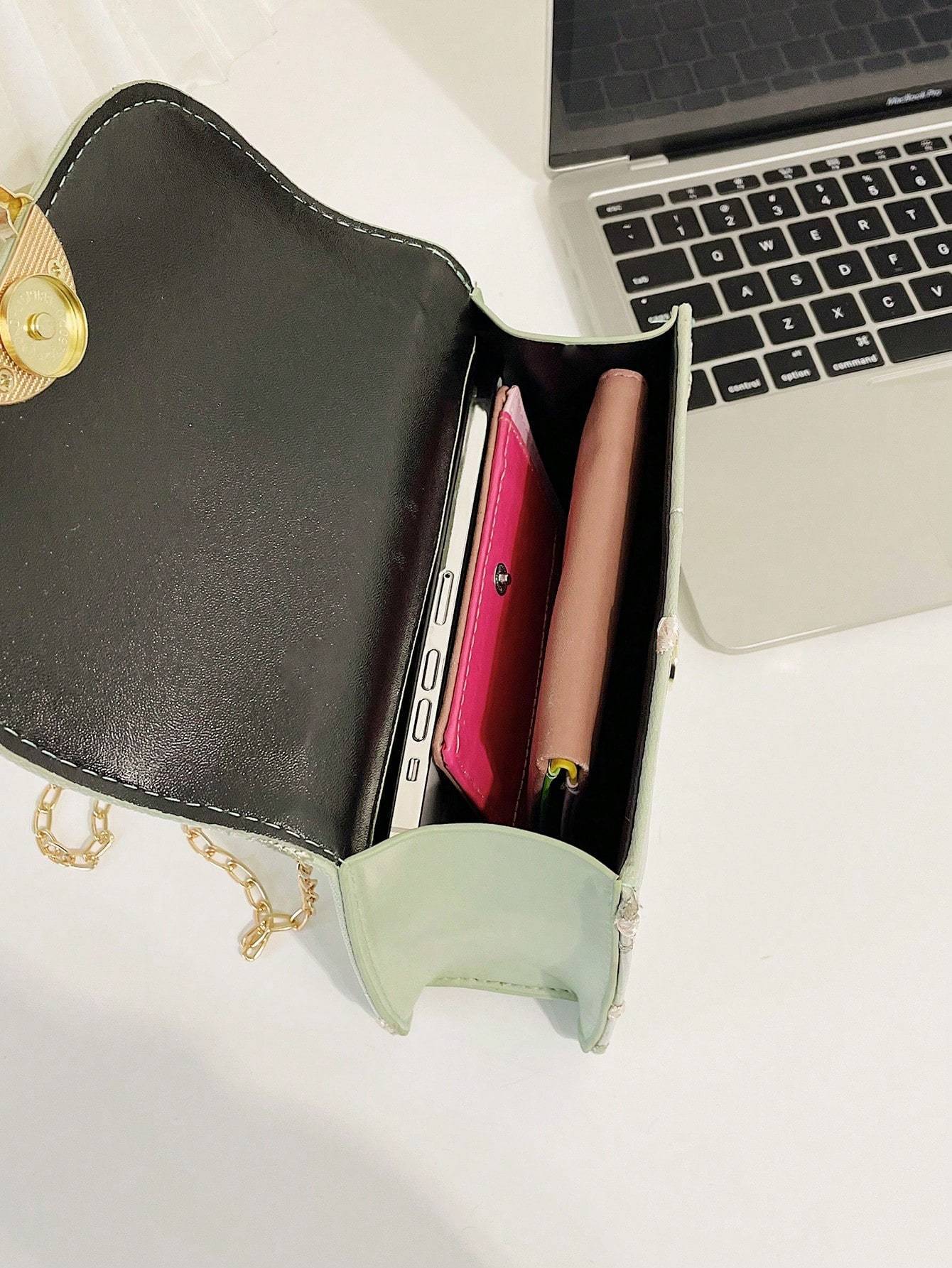 Women Mini Square Bag with Pearl Handle and Lace Strap