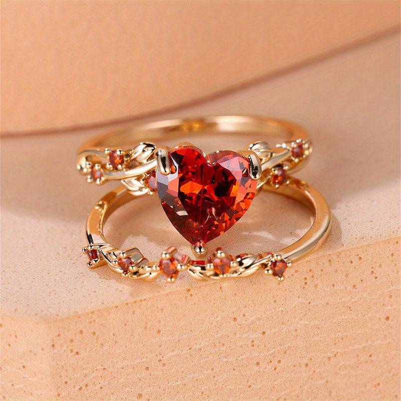 Heart Shaped Gold Plated Rings Set with Cubic Zirconia
