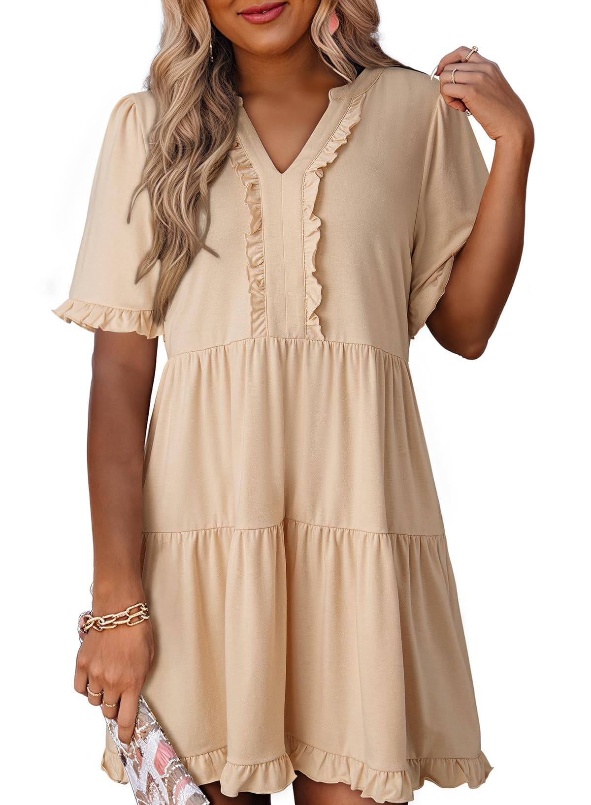 V Neck A Line Mini Dress For Women With Ruffle Detail