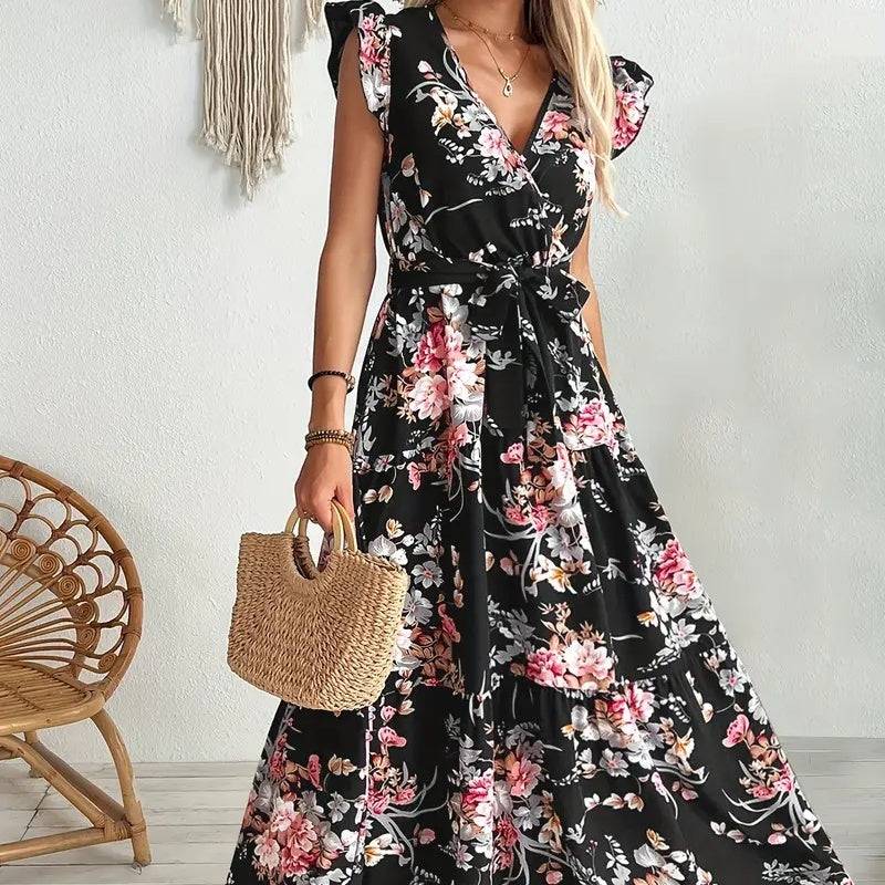 Womens Floral Midi Dress Elegant Casual Black Polyester