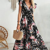 Womens Floral Midi Dress Elegant Casual Black Polyester
