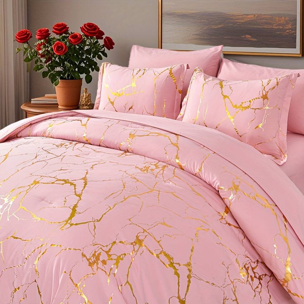 7-Piece Hot Stamping Comforter Set Queen, Soft Ultra-Fine Fiber Bedding with Sheets and Pillowcases, Lightweight All-Season Use
