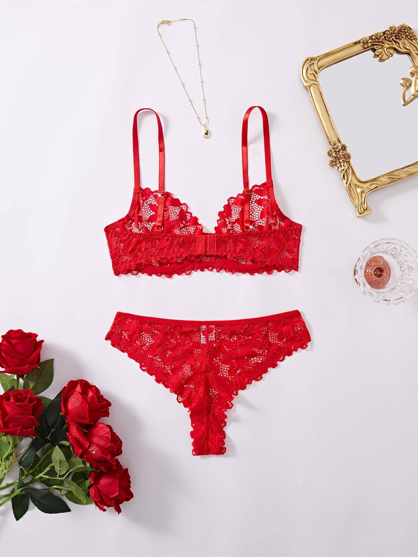 Women's Red Lace Lingerie Set – Delicate Floral Design with Scalloped Edges, Comfortable Matching Set