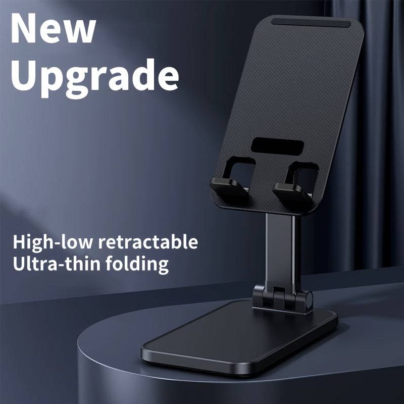 Metal desktop phone stand with 360° rotating base, foldable design, silicone pads, and mechanical click