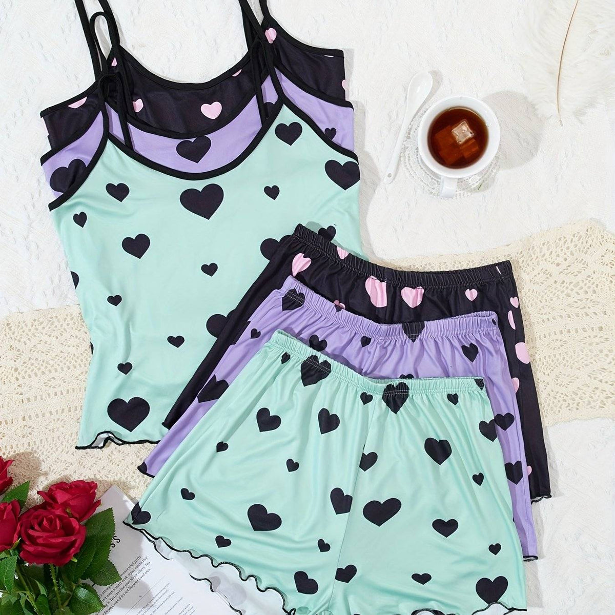 2-Piece Women's Pajama Set – Elegant Spaghetti Strap Top & Shorts in Smooth Polyester, Lightweight Sleepwear for Spring, Summer & Fall