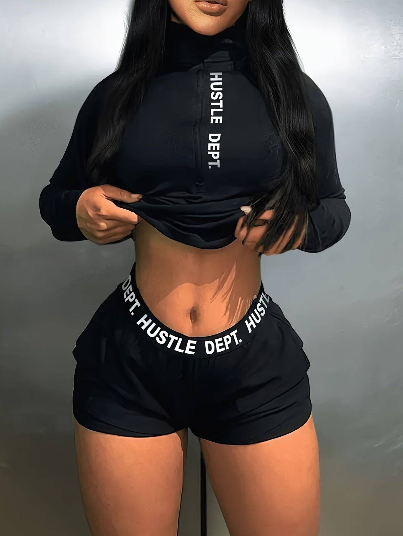 Women's Casual Two-Piece Set, Half-Zip Long Sleeve Top with Letter Print and Matching Shorts, Trendy Versatile Outfit