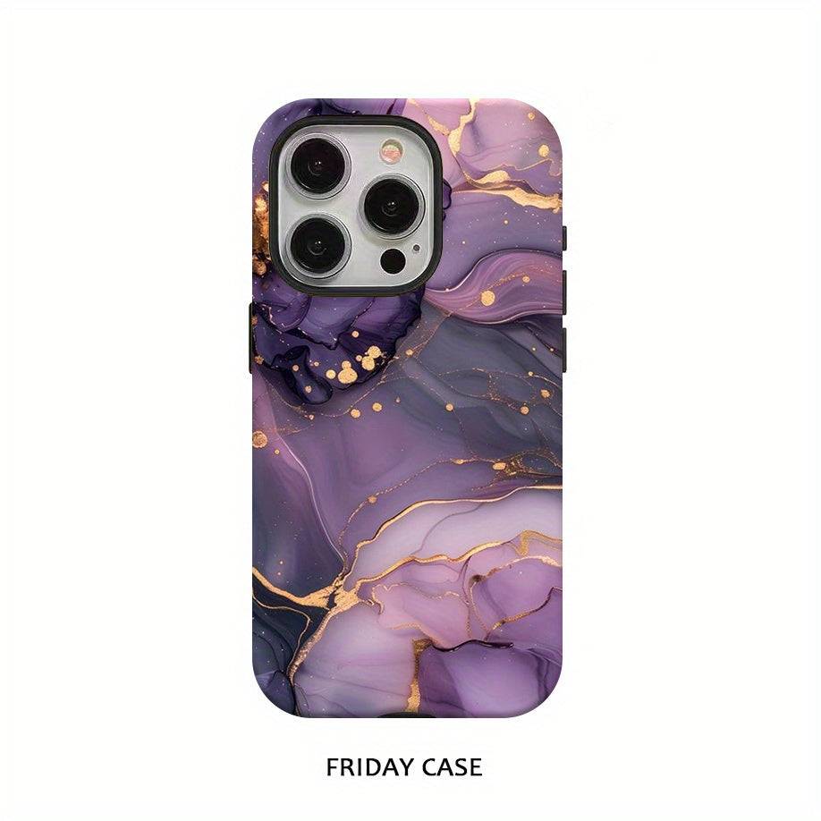 Purple Marble Phone Case Glossy 2-in-1 Design with Double Layer Protection Shockproof Cover for iPhone 7–16 Pro Max Models