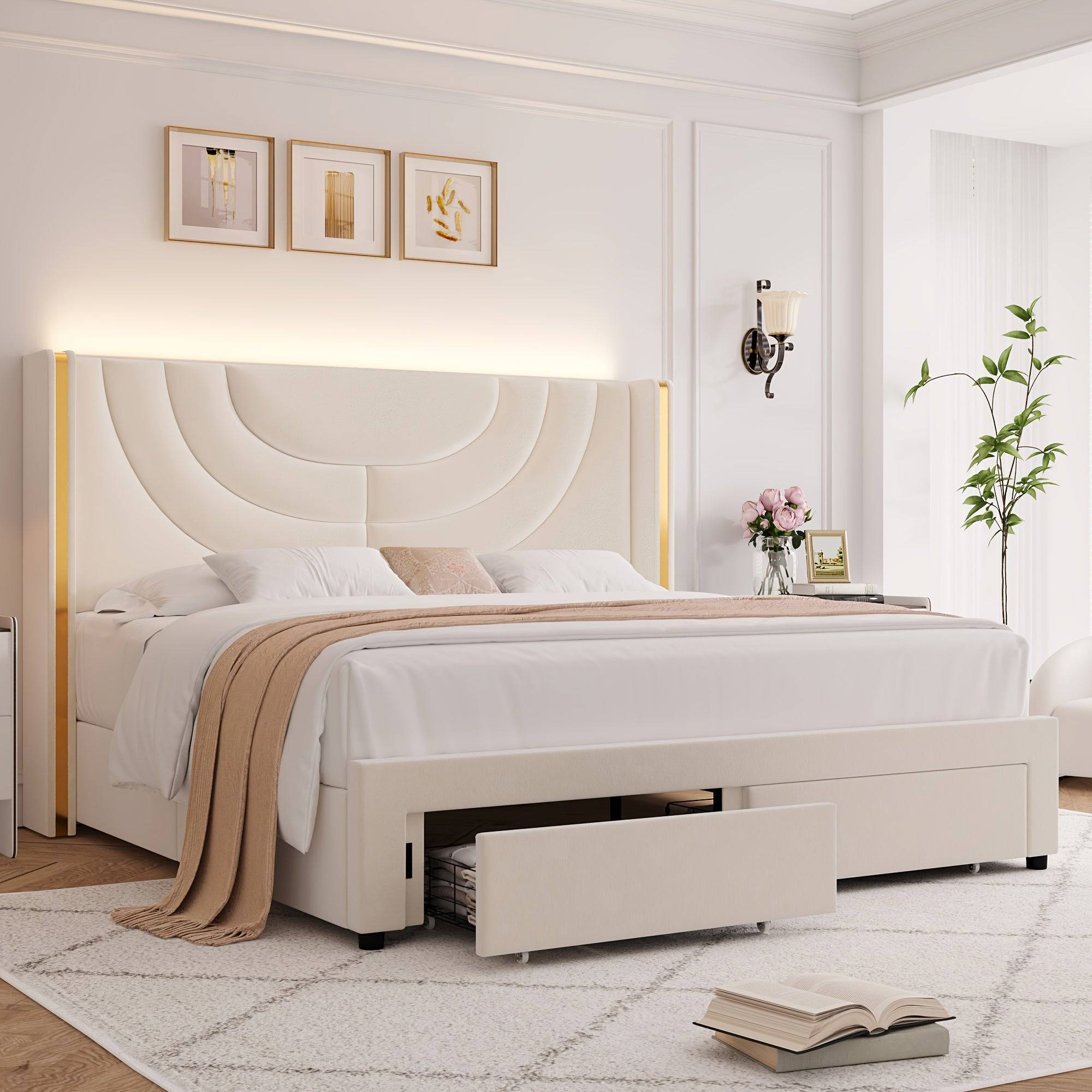 Upholstered LED Bed Frame with Storage Drawers, Velvet Platform Bed with Wingback Headboard, Solid Wood Slats, Full/Queen/King Sizes