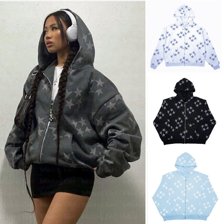 Stars Printed Zipper Hooded Cardigan Street Fashion Unisex