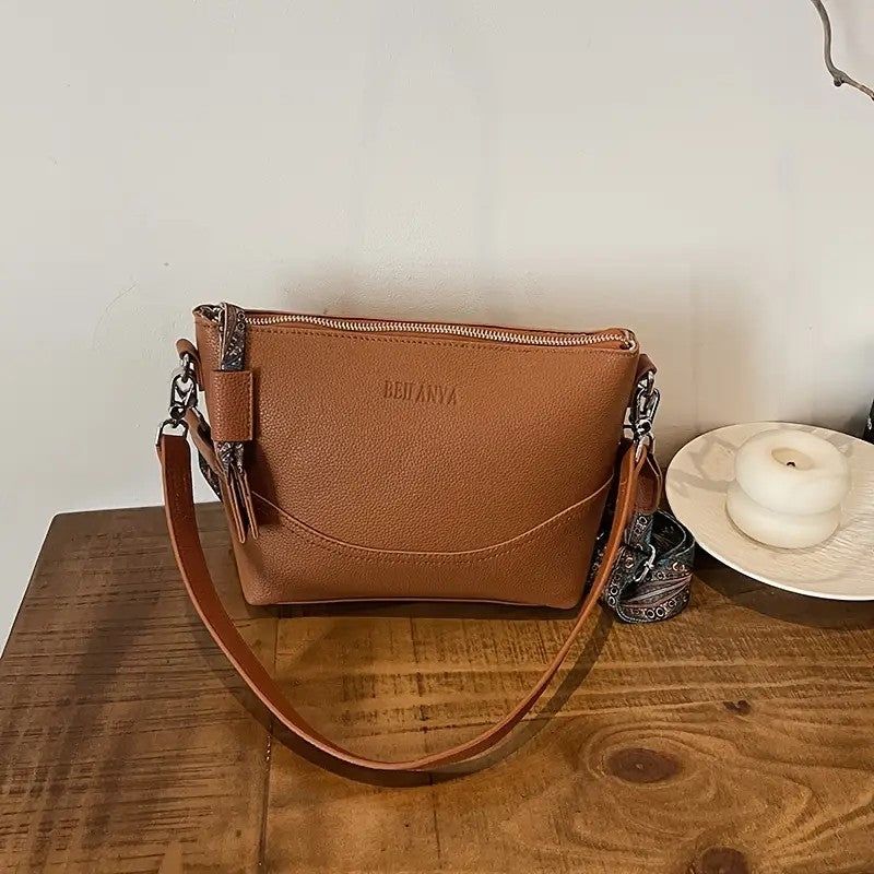 PU Crossbody Bag With Ethnic Embroidery And Zipper