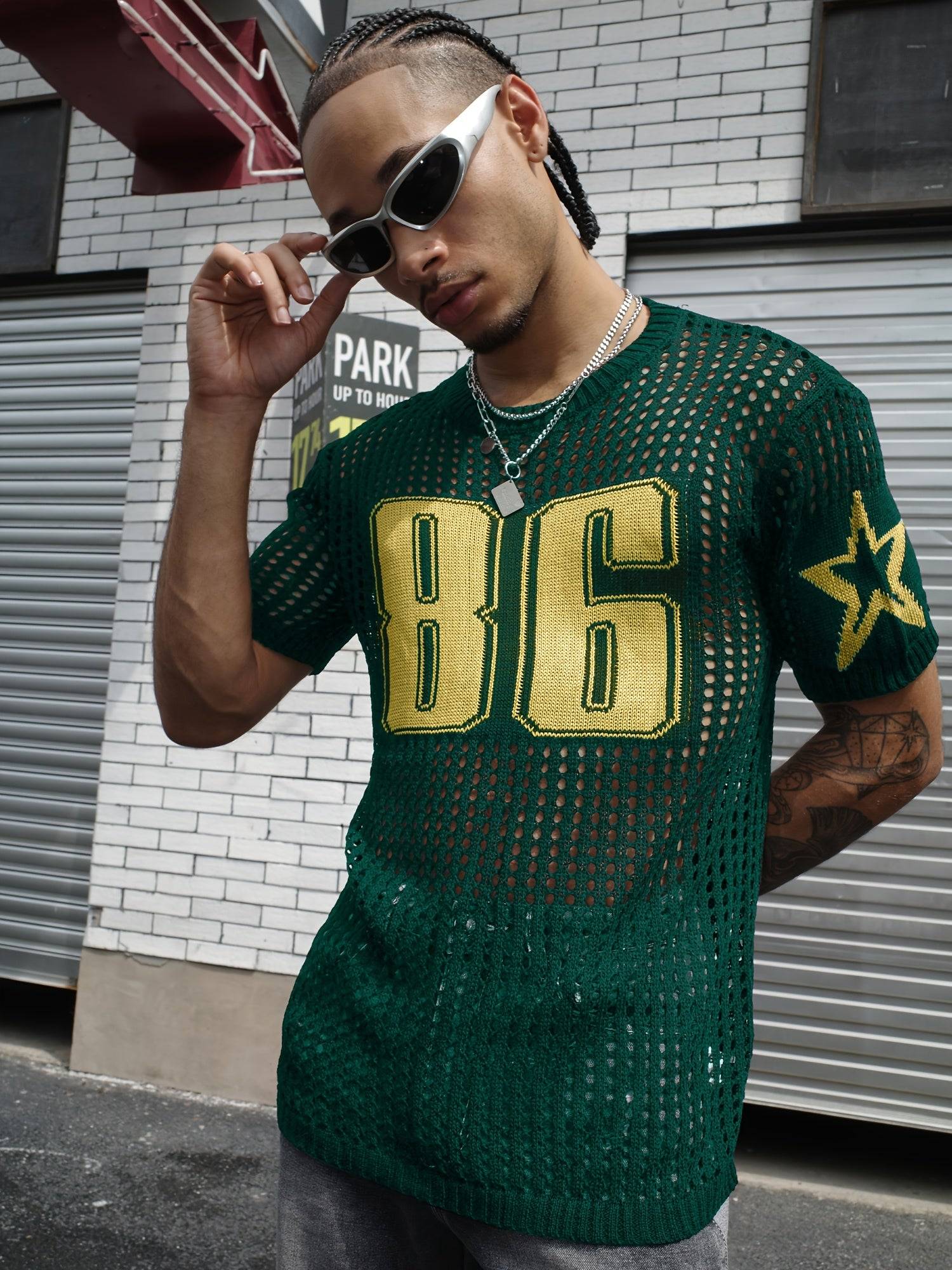 Men's casual summer openwork knit shirt, lightweight and breathable, for everyday wear.