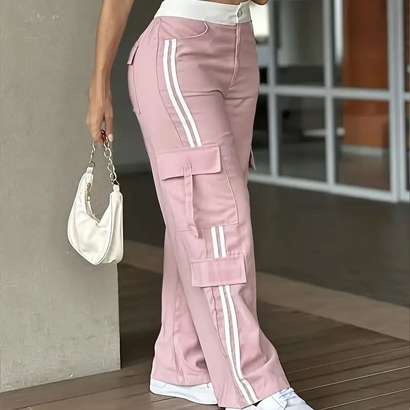 Striped Straight Leg Pants with Button Zip Closure