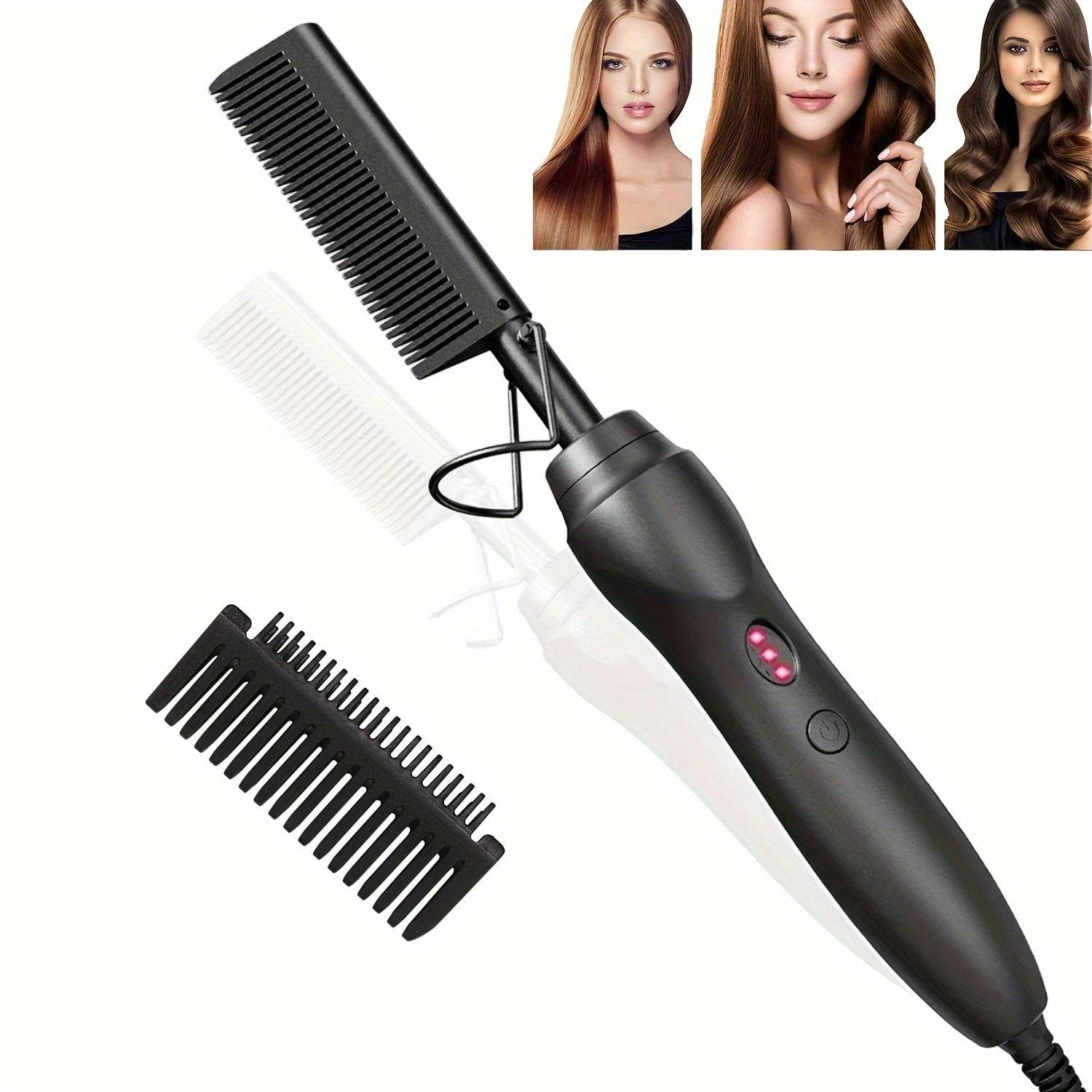 Black Ceramic Hot Comb Straightener & Curler with anti-scald comb attachment, ideal for versatile hair styling from sleek to voluminous.
