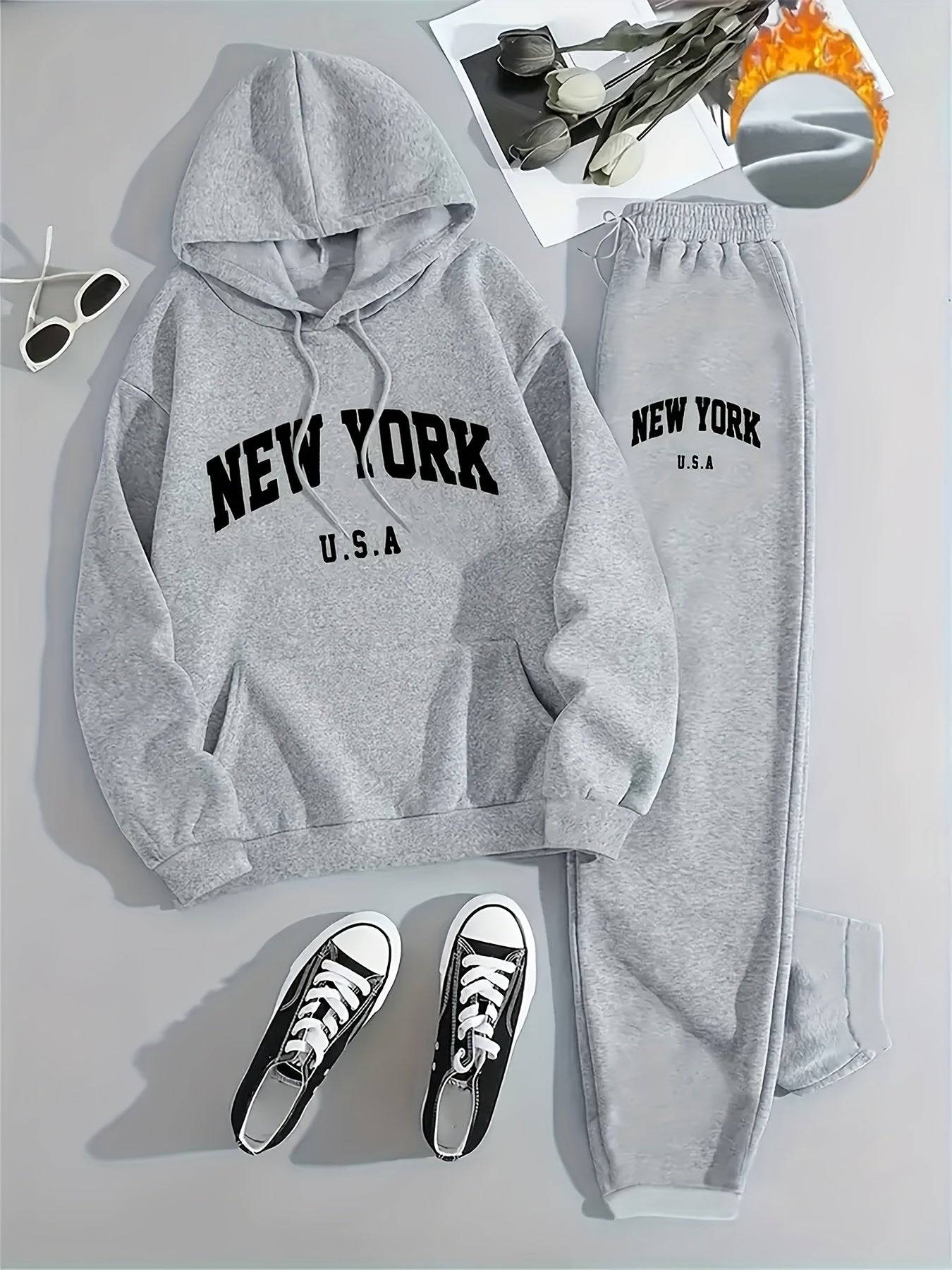 Women's New York USA Hooded Sweatshirt, 250g Polyester Hoodie with Geometric Pattern, Casual Long Sleeve Sportswear for Workouts and Daily Wear
