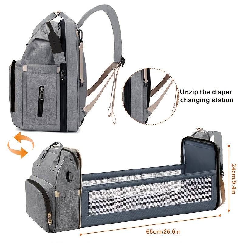 Multifunctional mommy backpack with foldable portable baby crib, double shoulder straps, stroller-friendly and large capacity
