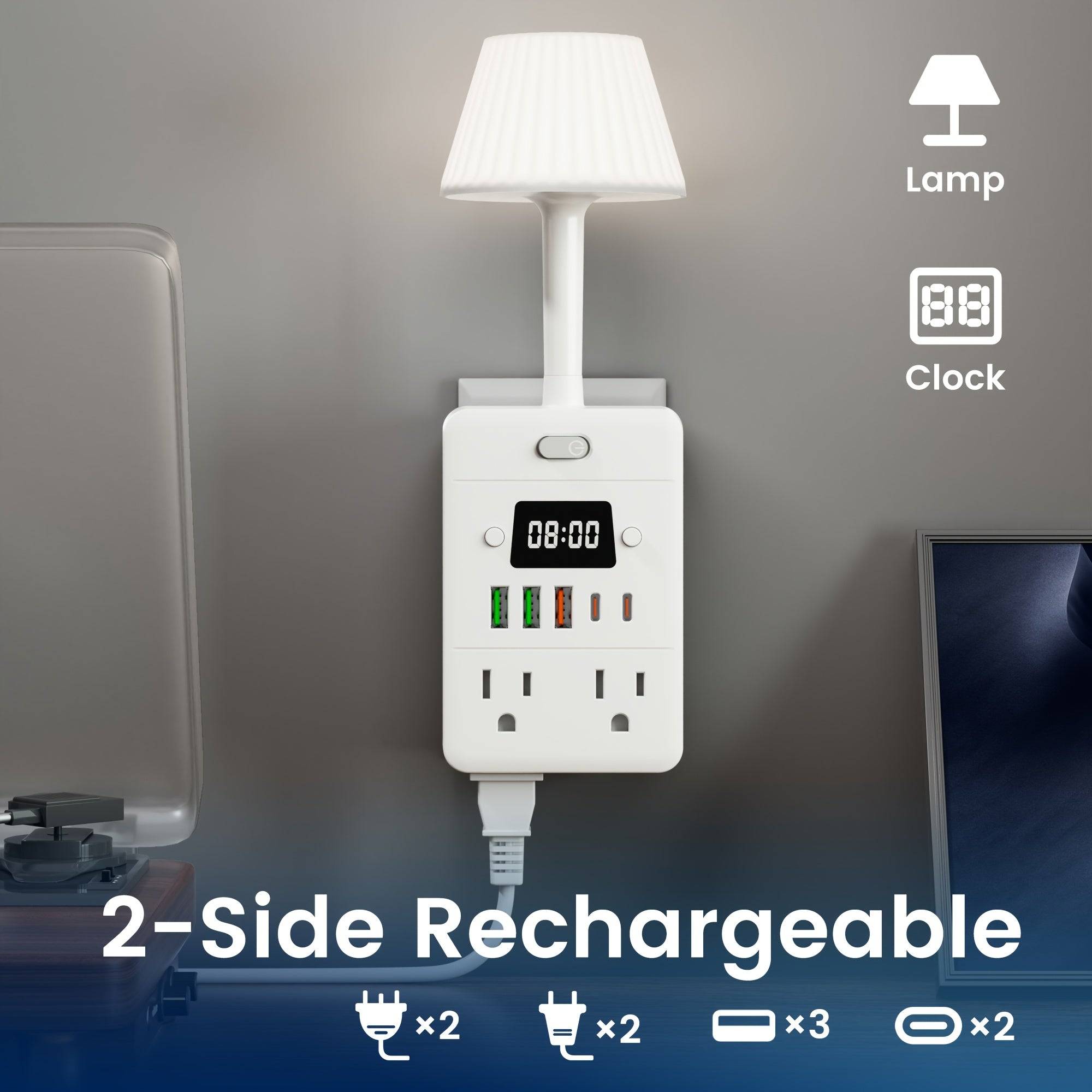 11-in-1 Power Strip Charging Station 4 Outlets, USB-A & USB-C Ports, Desk Lamp & Digital Clock Overload Protection